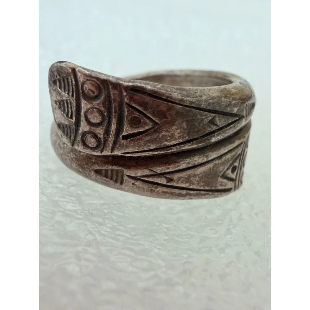 Vintage Heavy Solid Silver Tribal Ethnic Wrap Ring Size 7 Tested High Purity